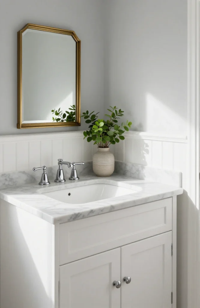 Corner sink with white wainscoting paneling below and marble countertop in modern bathroom