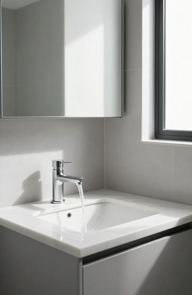 Modern corner sink installation with sleek waterfall faucet and contemporary basin design for kitchen or bathroom