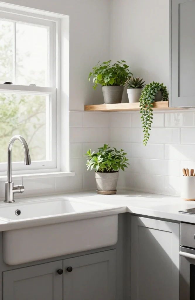 Corner kitchen sink with stainless steel basin beneath large window with mounted wooden plant shelf holding potted greenery