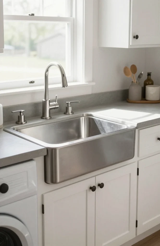 Corner utility sink with storage cabinet below in laundry room for cleaning supplies and laundry tasks