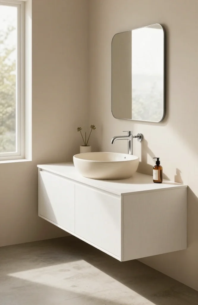 Modern corner vessel sink mounted on a triangular vanity with chrome faucet and minimalist bathroom styling
