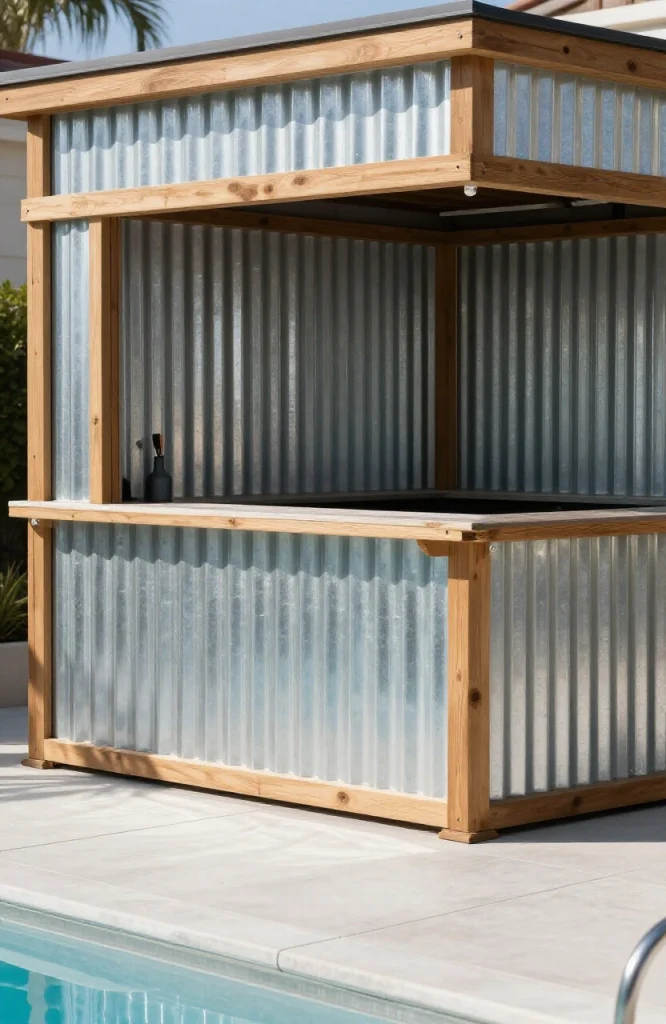 Corrugated metal bar surround with shelving and seating at poolside outdoor bar setup