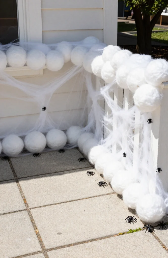 White cotton spider egg sacs attached to corners of a house walkway for Halloween decoration