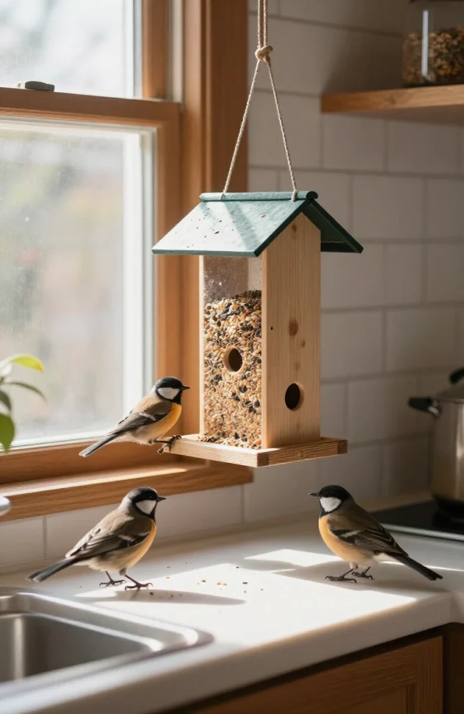 Homemade window bird feeder made from recycled cracker box with small perches and seed compartments attached to glass