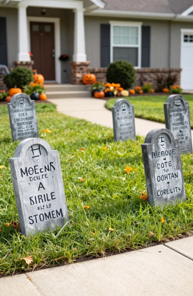 Crooked Halloween tombstones lining a walkway with humorous epitaphs carved into gray stone markers