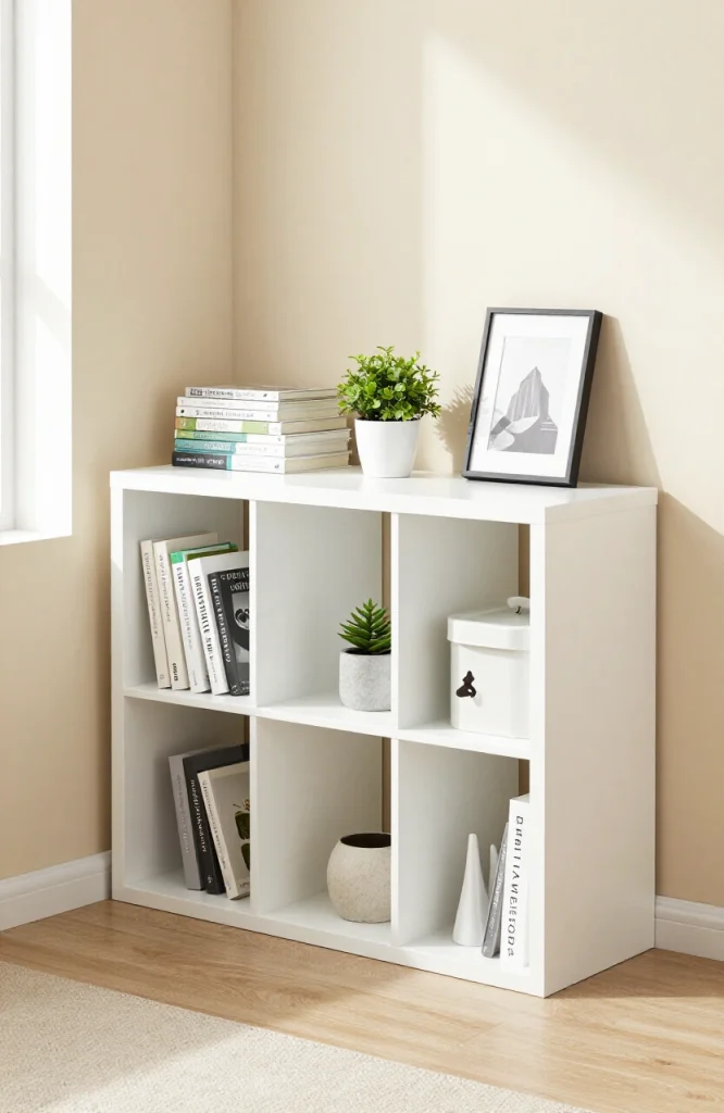 White cube organizer shelf displaying books, plants, and decorative items in a compact dorm room