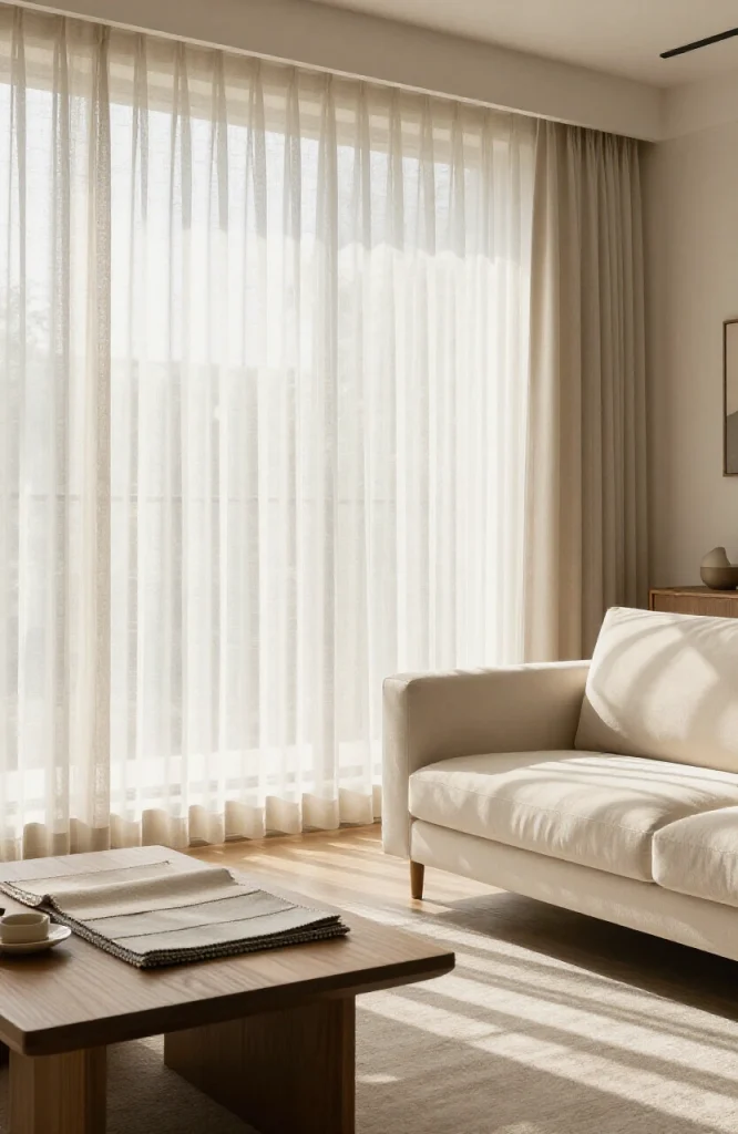 Comparison chart showing different curtain fabrics and their light blocking capabilities from sheer to blackout options