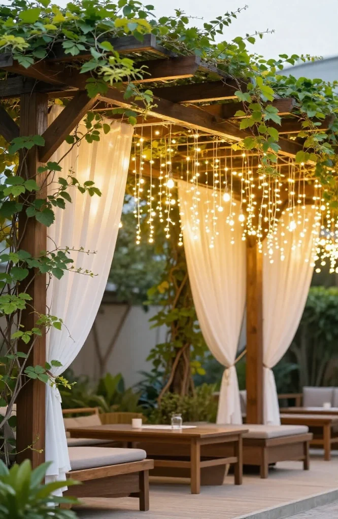 Warm white curtain lights draped from house eaves and pergola structure creating elegant outdoor holiday lighting display