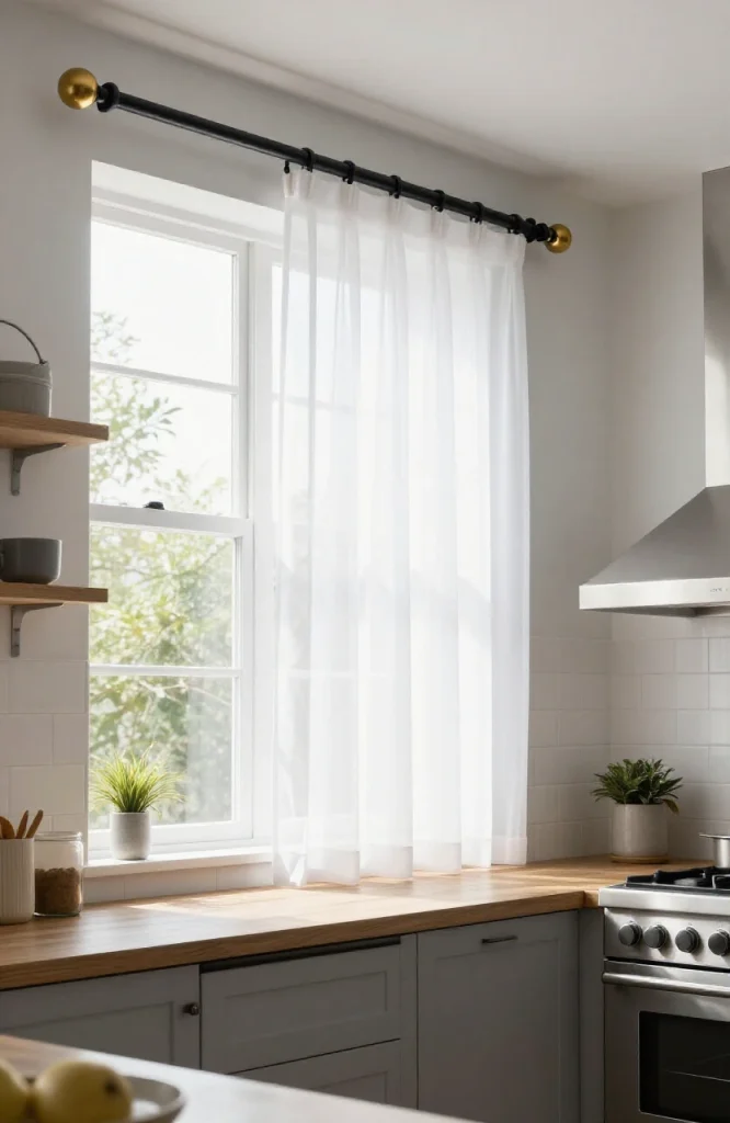 Elegant curtain rod with ornate decorative finials mounted above a kitchen window with flowing fabric panels