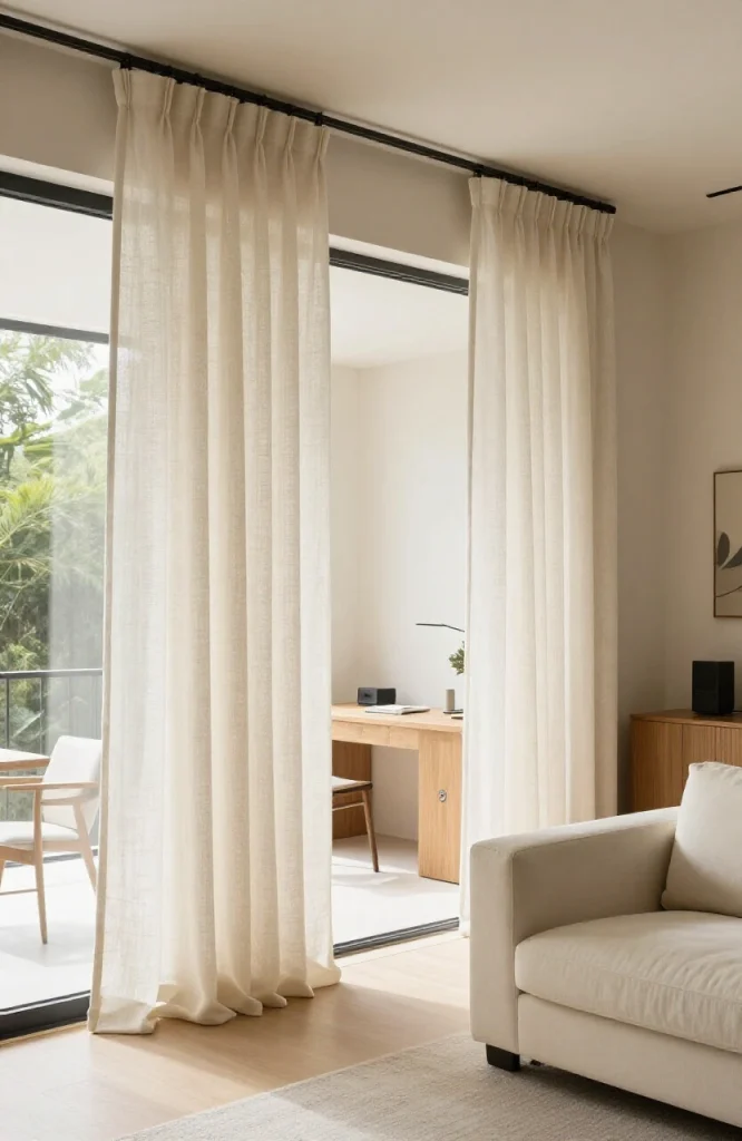 Open floor plan living space with sheer curtains hung between dining and bedroom zones creating flexible room dividers