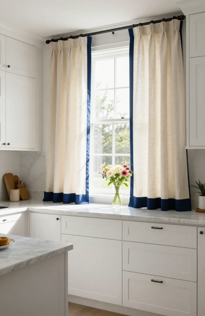 Kitchen window dressed with floor-length curtains featuring a bold contrasting border trim detail