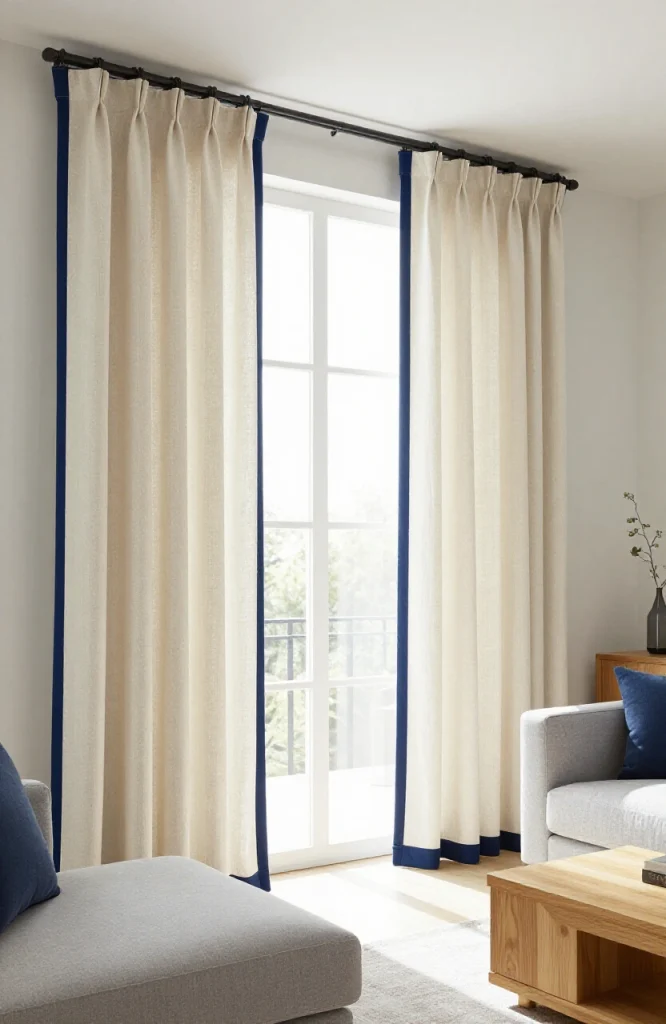 Living room curtains featuring contrasting trim and border details in complementary colors