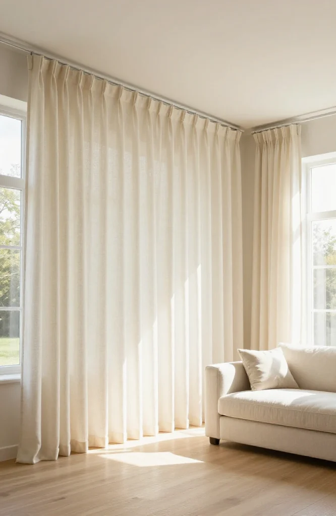 Modern living room with floor-to-ceiling curtains in neutral tones hung from high ceiling to floor