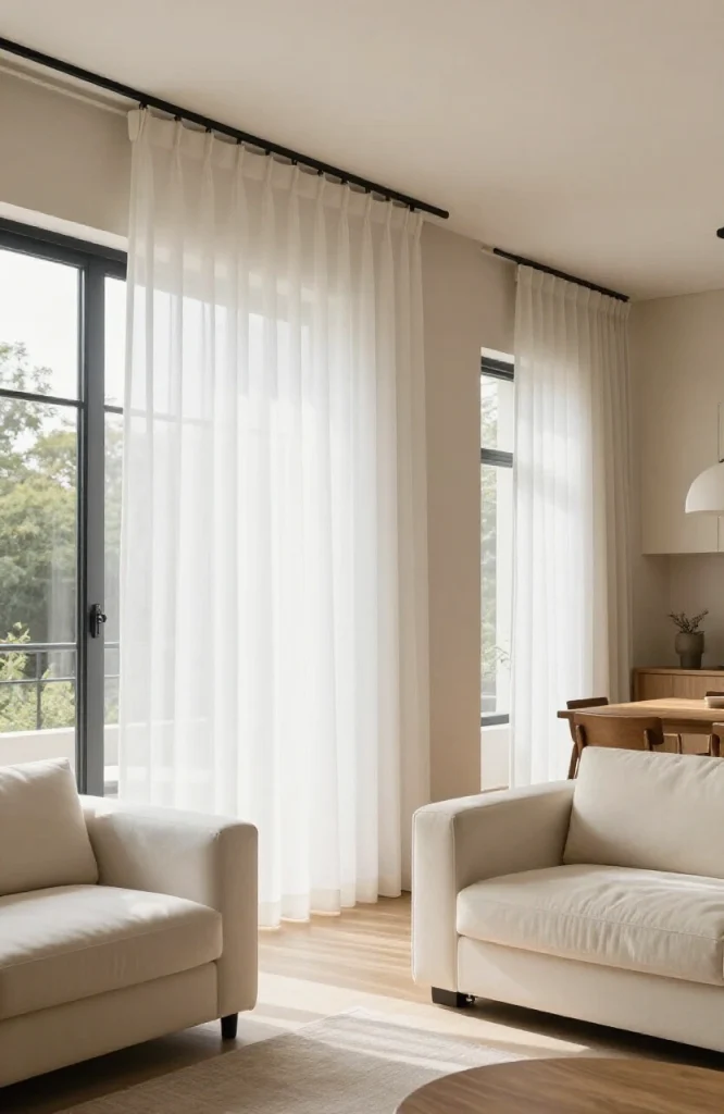 Modern open floor plan living room with sheer curtains suspended from ceiling used as decorative room divider between seating
