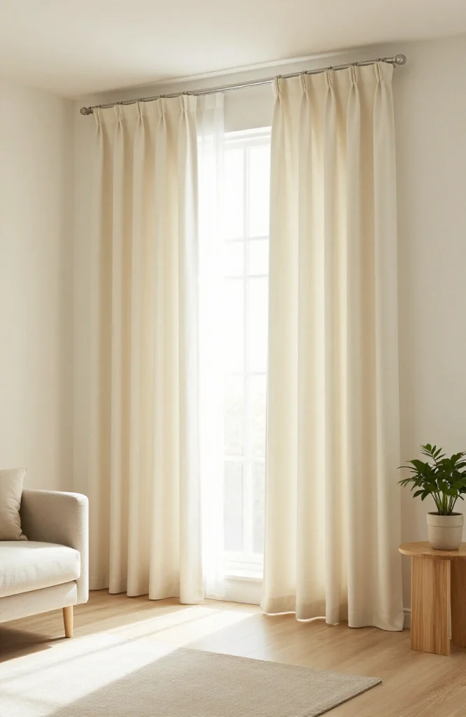 Elegant sheer white curtains in a compact living room creating an airy bright space with natural light