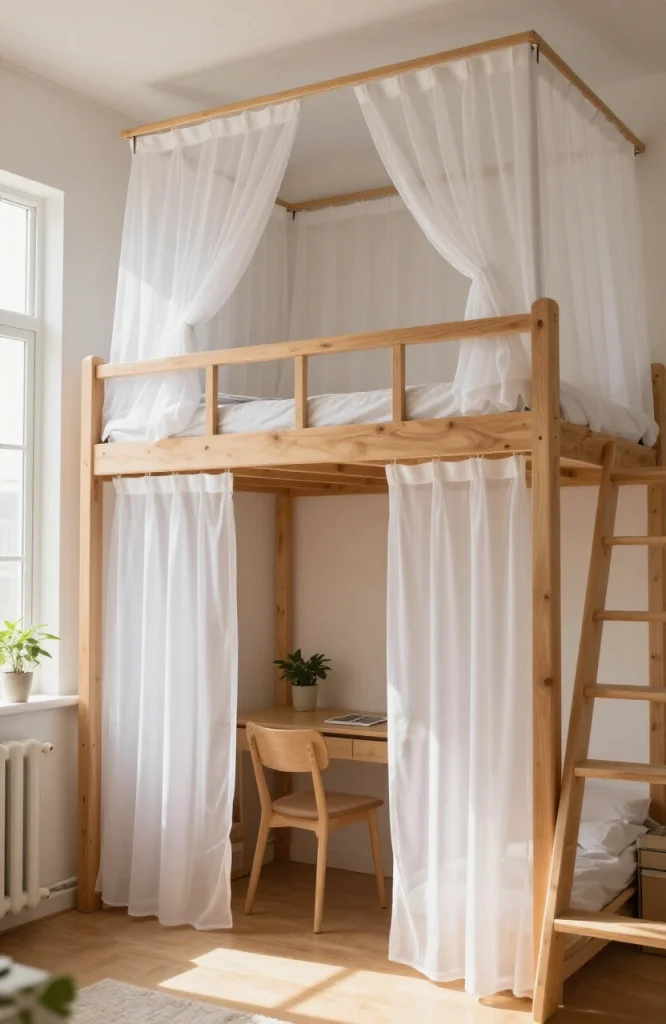 White curtains hanging under lofted bed in small dorm room creating private study space