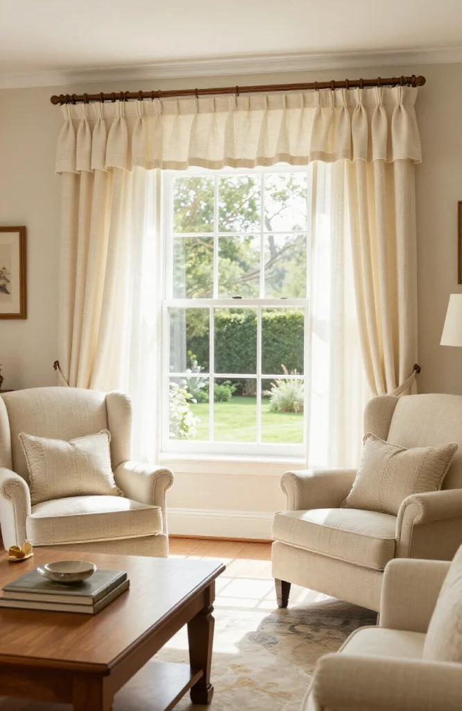 Living room window with floor-length curtains topped with decorative valance and cornice board, showing professional window t