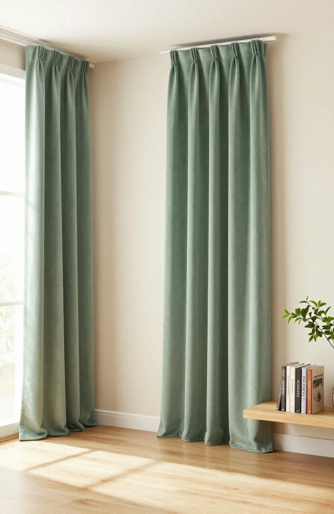 Living room with fabric curtains hung as decorative wall art above furniture instead of covering a window