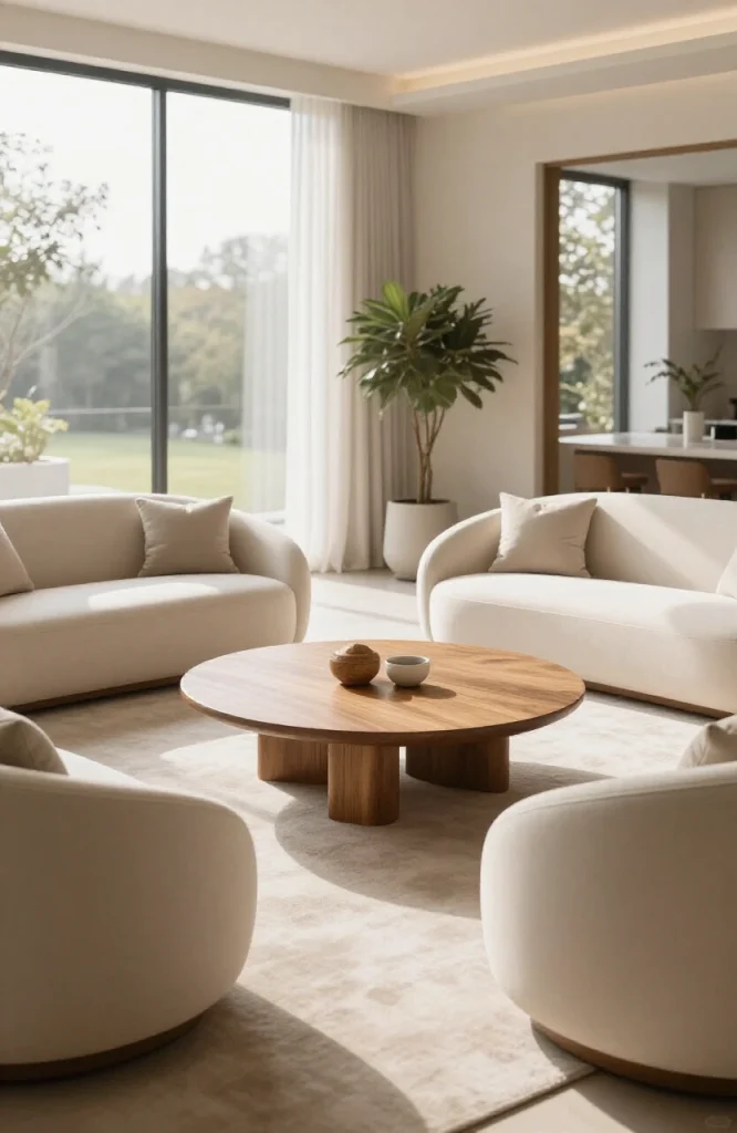 Modern living room with curved accent chairs arranged in circular layout around round table creating social seating area with