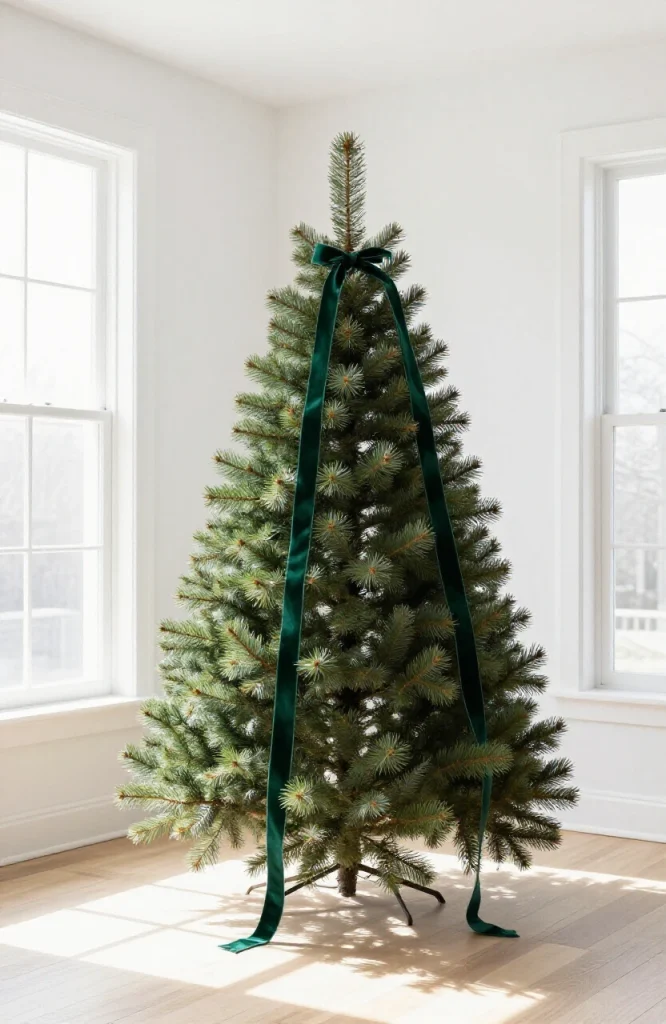 Minimalist Christmas tree decorated with single dark green velvet ribbon wrapped around branches as only accent