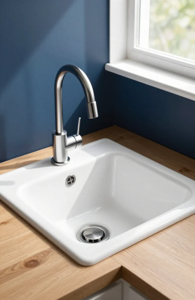 Corner sink installed in a dark-painted kitchen with modern cabinetry and minimalist fixtures