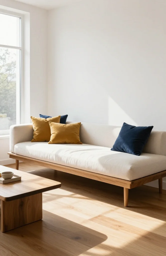 Contemporary living room featuring a daybed with throw pillows positioned as sofa replacement furniture