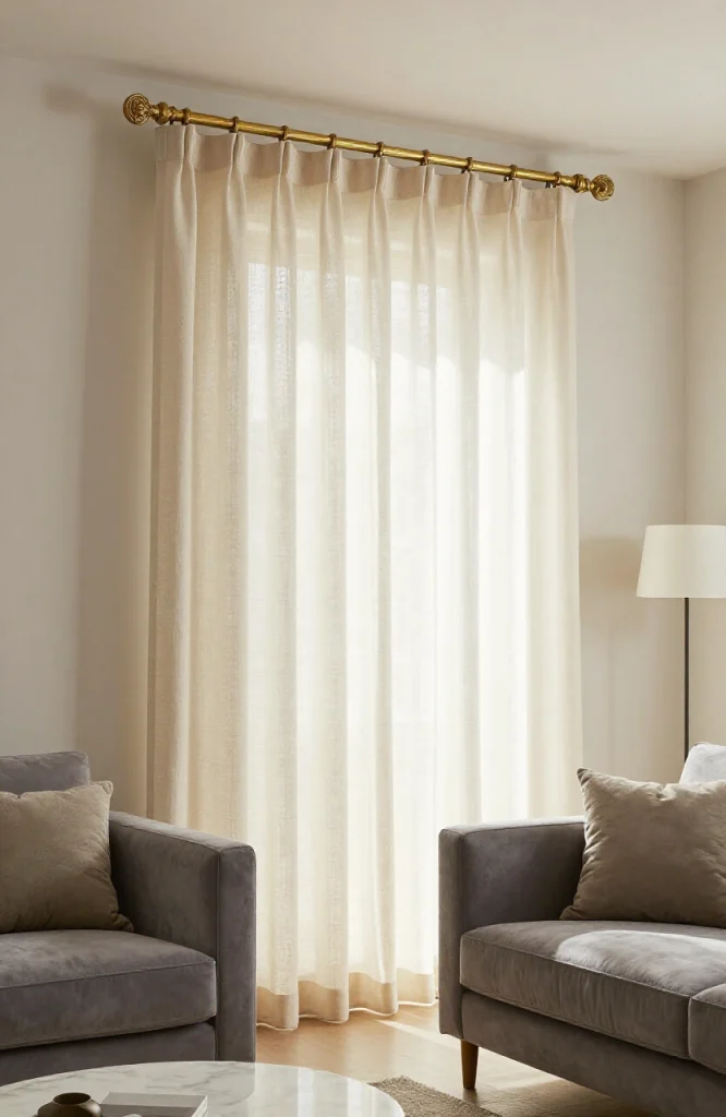 Living room window with curtain rod featuring ornate decorative finials on both ends