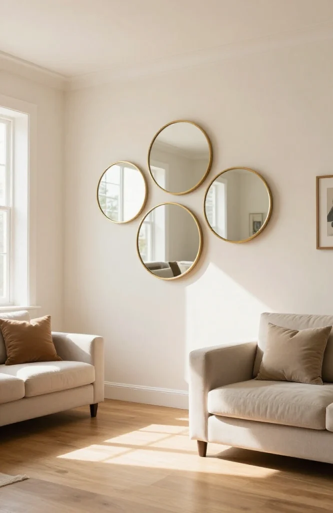 Gallery wall arrangement of decorative mirrors in various shapes and frames mounted on white wall