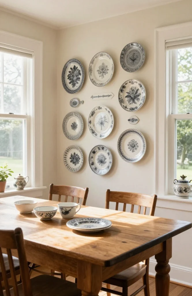 Collection of decorative plates arranged on white wall in artistic pattern without paint