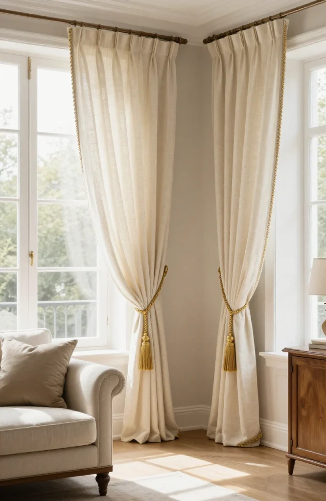 Elegant living room curtains with ornamental fabric tiebacks holding panels to sides of window