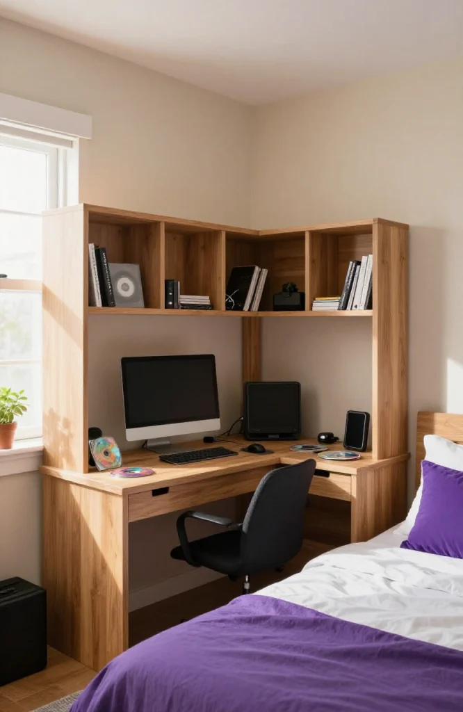 2000s style desk with integrated hutch shelving for bedroom storage and workspace organization in Y2K aesthetic