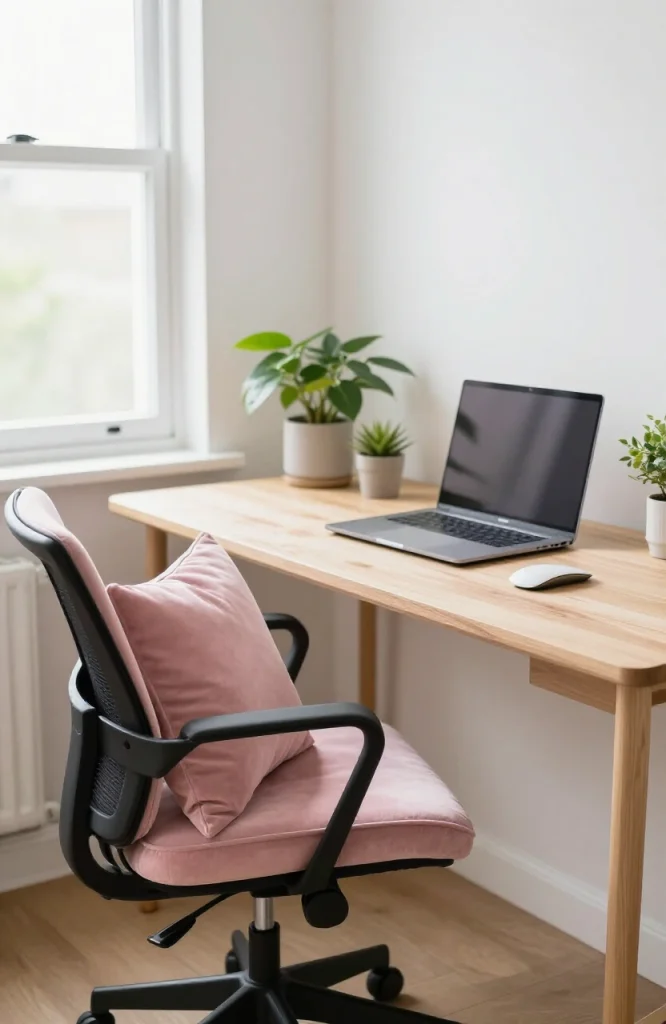 Dorm room desk chair with soft cushion and decorative cover in neutral tones