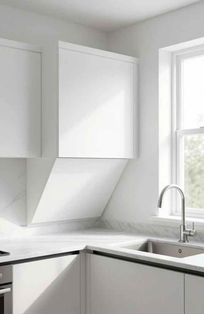 Diagonal corner cabinet with integrated sink and faucet in kitchen or bathroom