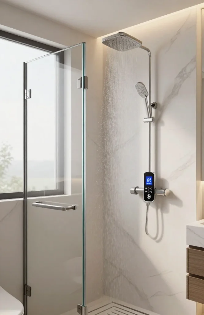 Modern steam shower with digital control panel displaying temperature and session settings on bathroom wall