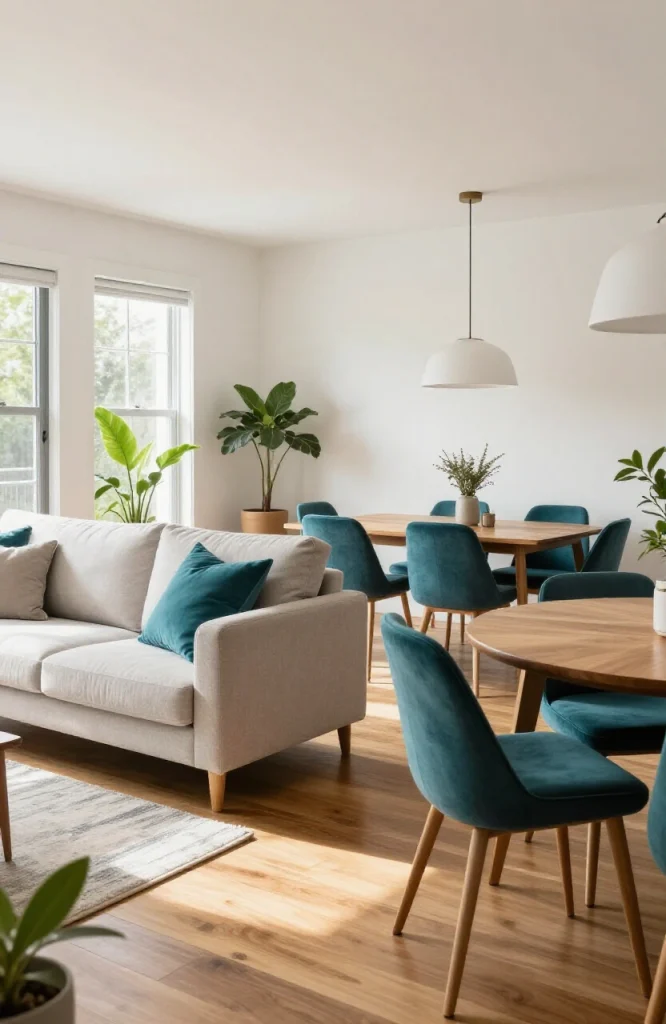 Open floor plan living room and dining area with dining chairs upholstered in matching accent color as living room decor