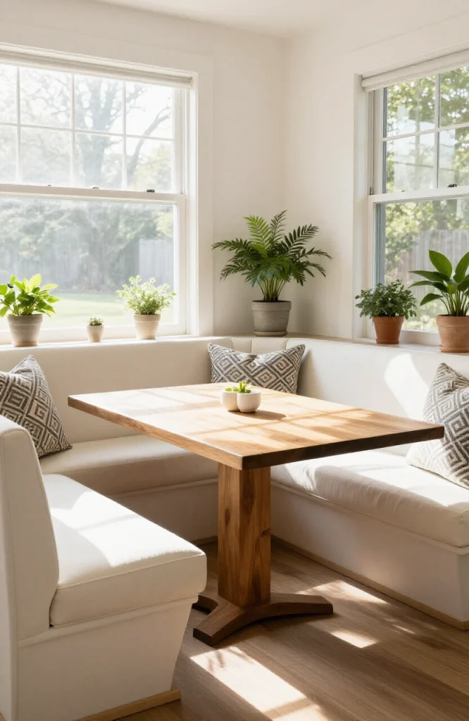Modern dining nook featuring a built-in banquette with cushioned seating, wooden table, and pendant lighting in an open floor