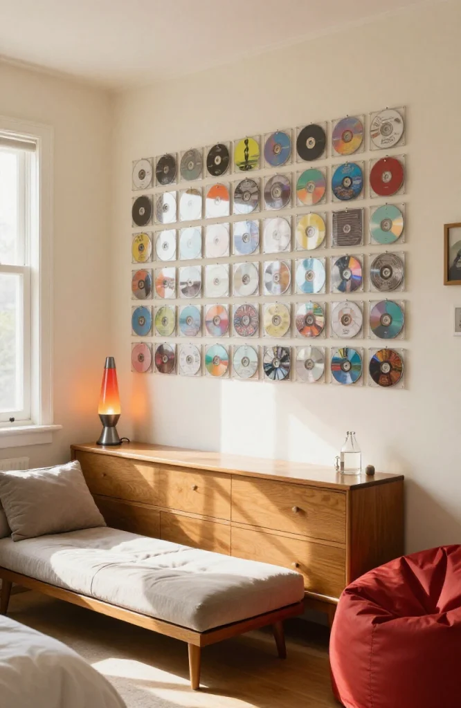 Wall display of colorful CDs and vinyl records arranged as decorative art in Y2K themed bedroom