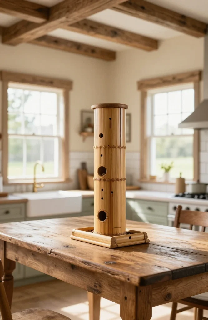 Bamboo tube bird feeder filled with birdseed, suspended from string in outdoor garden setting
