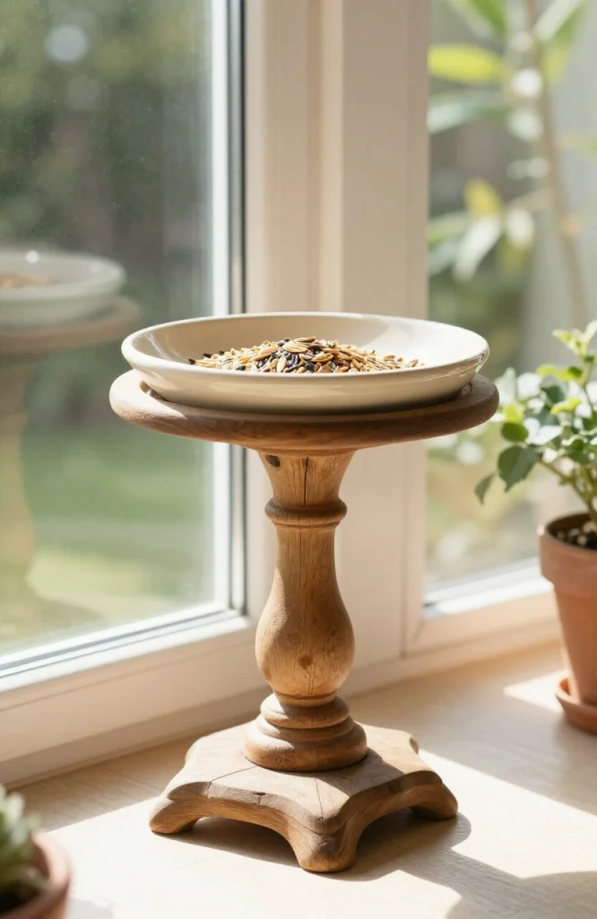 Wooden tray bird feeder with raised edges designed in birdbath style, filled with bird seed