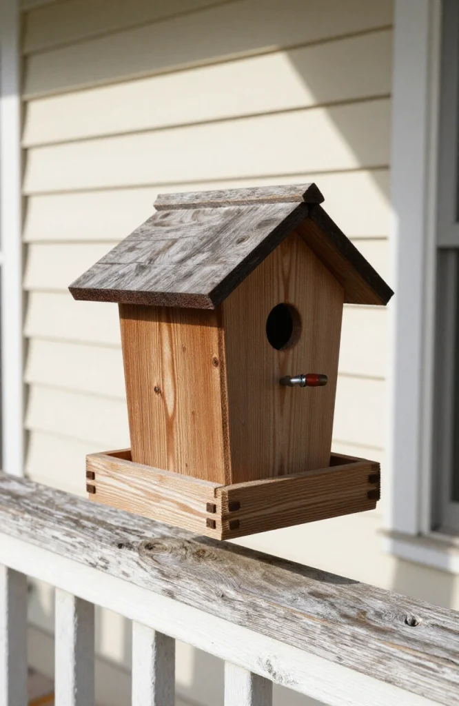 Wooden birdhouse-style hopper feeder with sloped roof and open sides for bird access