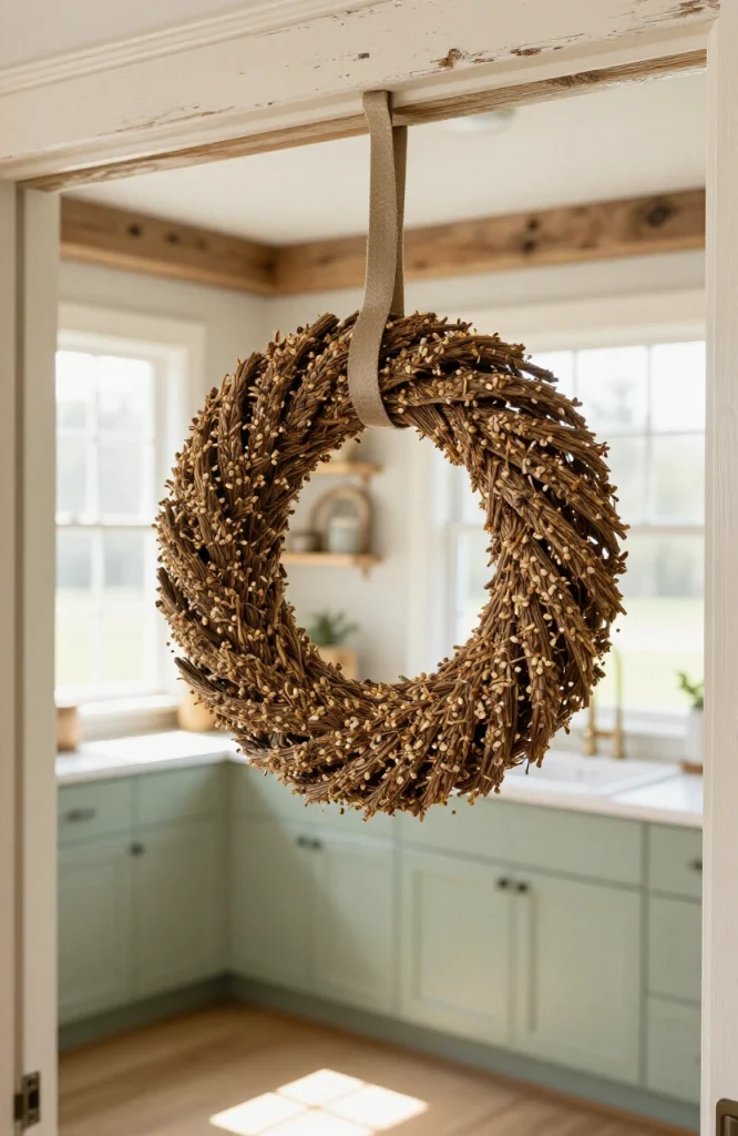 Homemade birdseed wreath hanging from green ribbon filled with mixed seeds and dried berries for birds