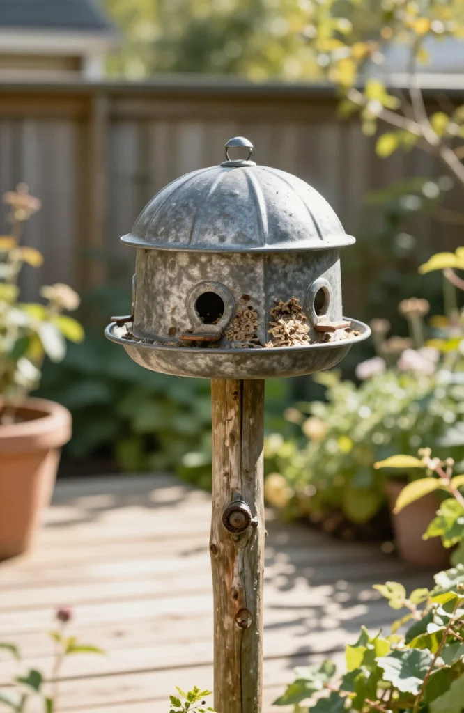 Homemade bird feeder made from a decorative bundt cake pan filled with birdseed and mounted on a pole