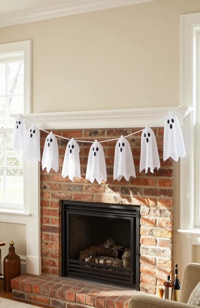 White cheesecloth ghost garland draped across fireplace mantel with hanging ghost shapes