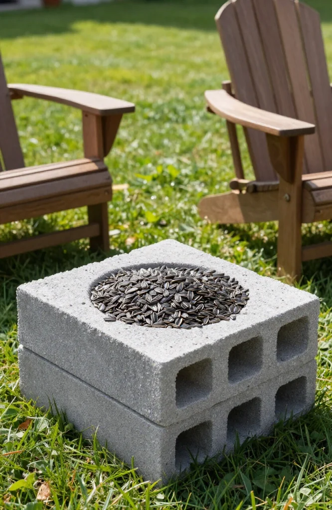 Stacked cinder blocks assembled into a bird feeder station with seed trays on top