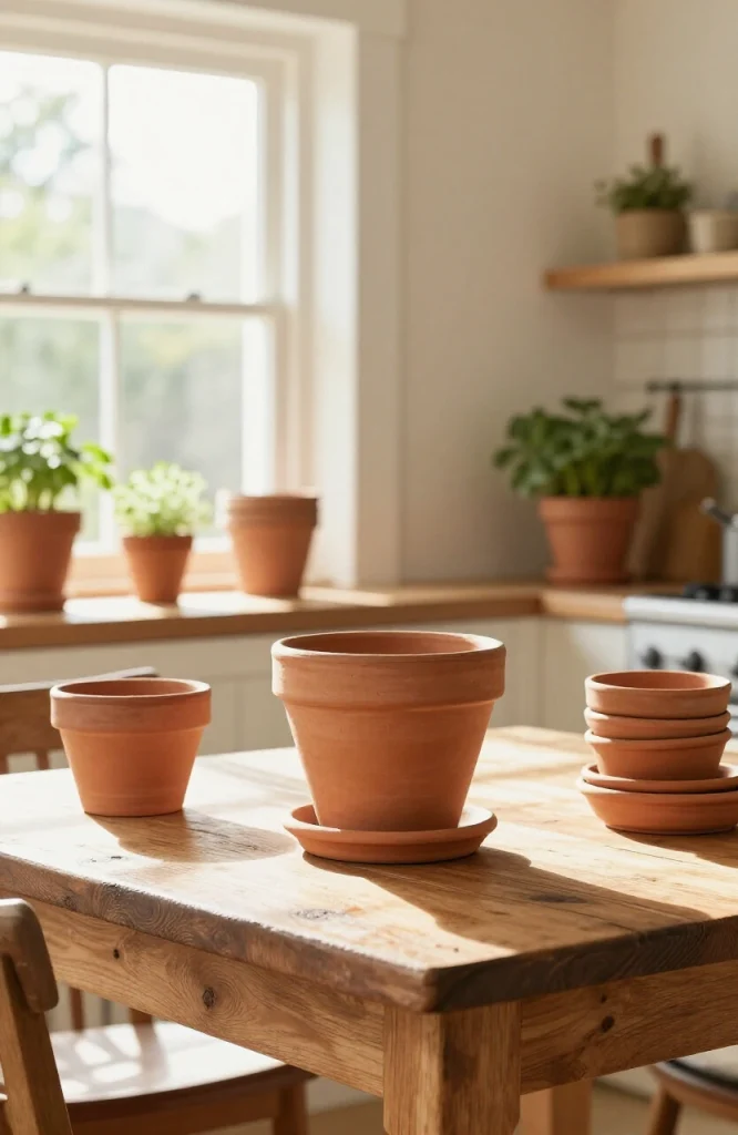 Handmade bird feeder made from stacked clay pots with birdseed and perches for backyard birds