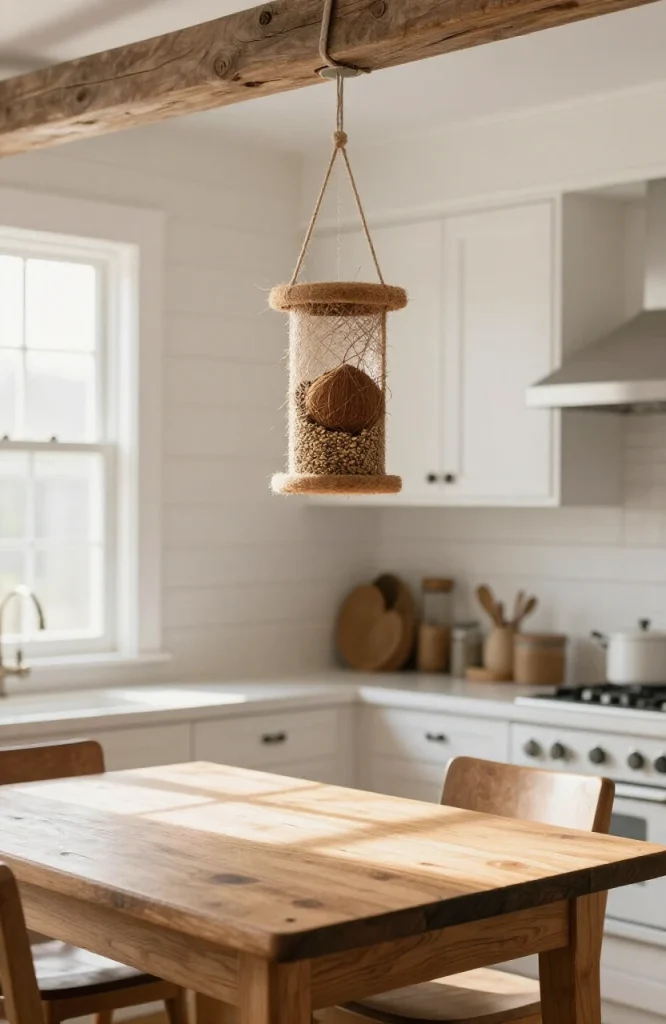 Hanging basket bird feeder made from coconut liner filled with birdseed, suspended from chain