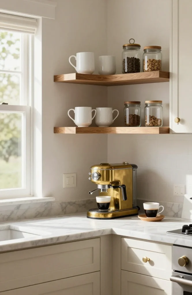 Modern kitchen beverage station with coffee maker, mugs, and storage shelves built into existing cabinetry
