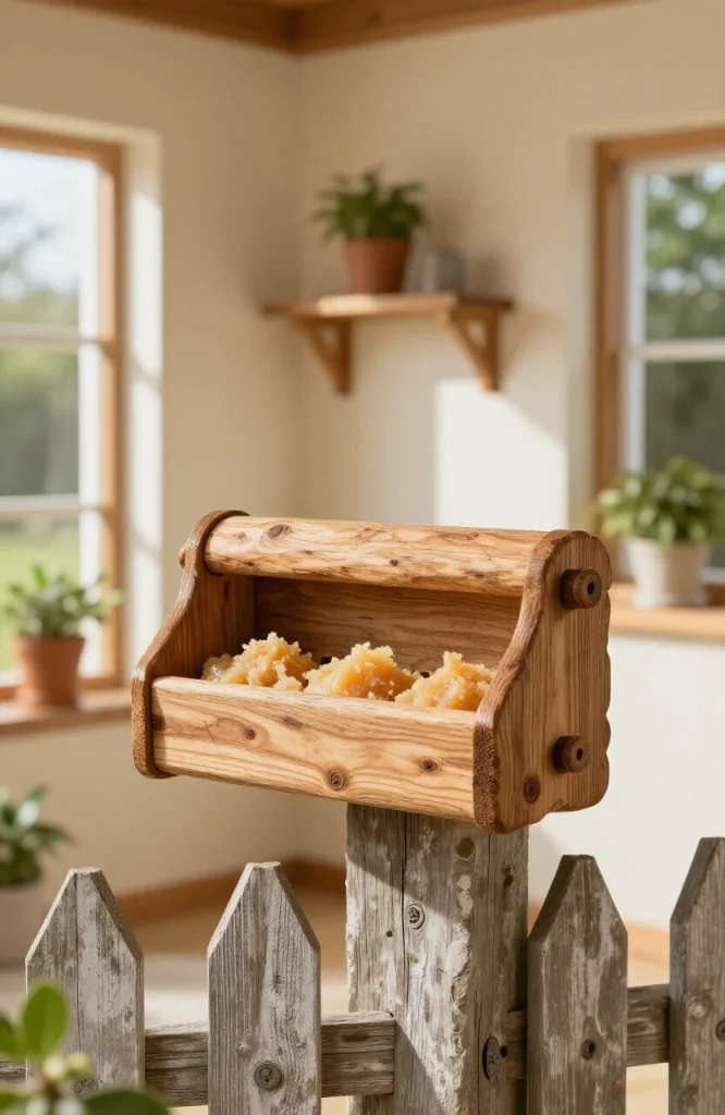 wooden log with drilled holes filled with bird seed and suet, mounted on tree branch for outdoor bird feeding