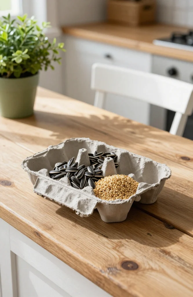 Cardboard egg carton filled with bird seed positioned as a homemade bird feeder craft project