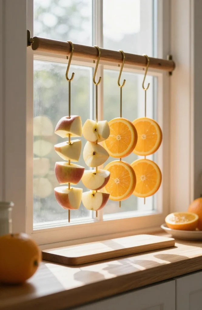 Wooden skewer threaded with fresh fruit pieces suspended from tree branch to attract birds